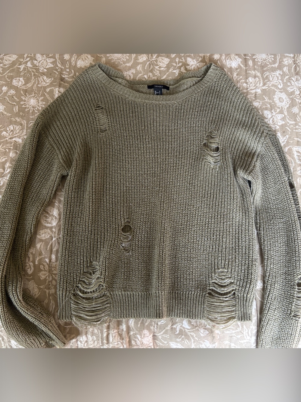 Forever 21 Olive Green Distressed Crewneck Sweater
